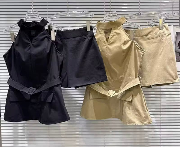 Women Belted Halter Sleeveless Two Piece Short Set