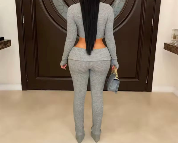 Women Zip Up Full Sleeve Crop Fashion Two Piece Pant Set