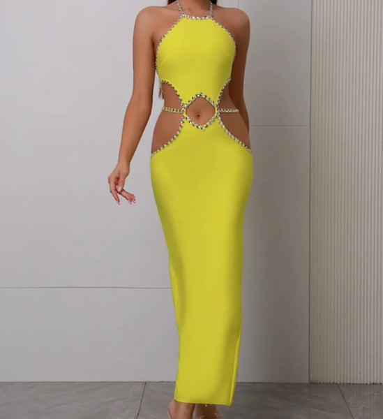 Women Yellow Rhinestone Sexy Halter Sleeveless Maxi Dress