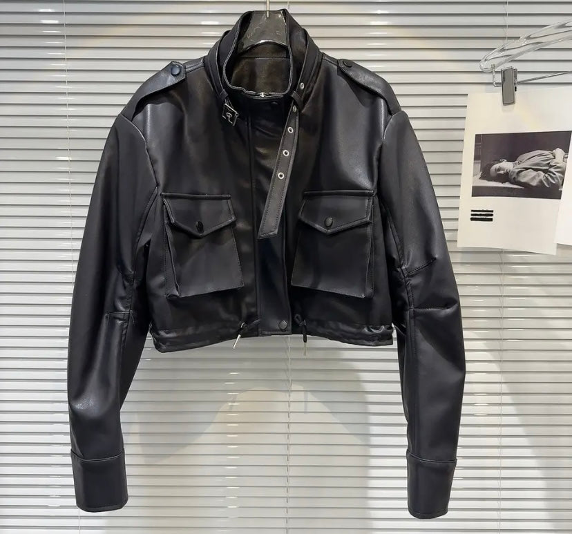 Women Color Fashion Faux Leather Jacket