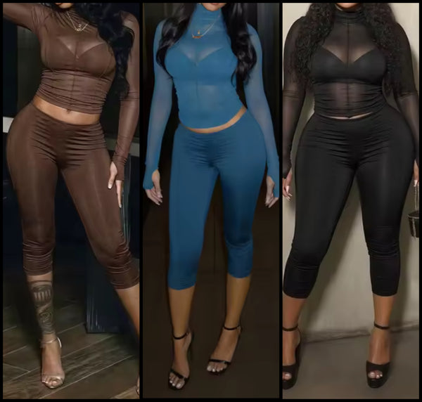 Women Turtleneck Mesh Full Sleeve Crop Two Size Capri Pant Set