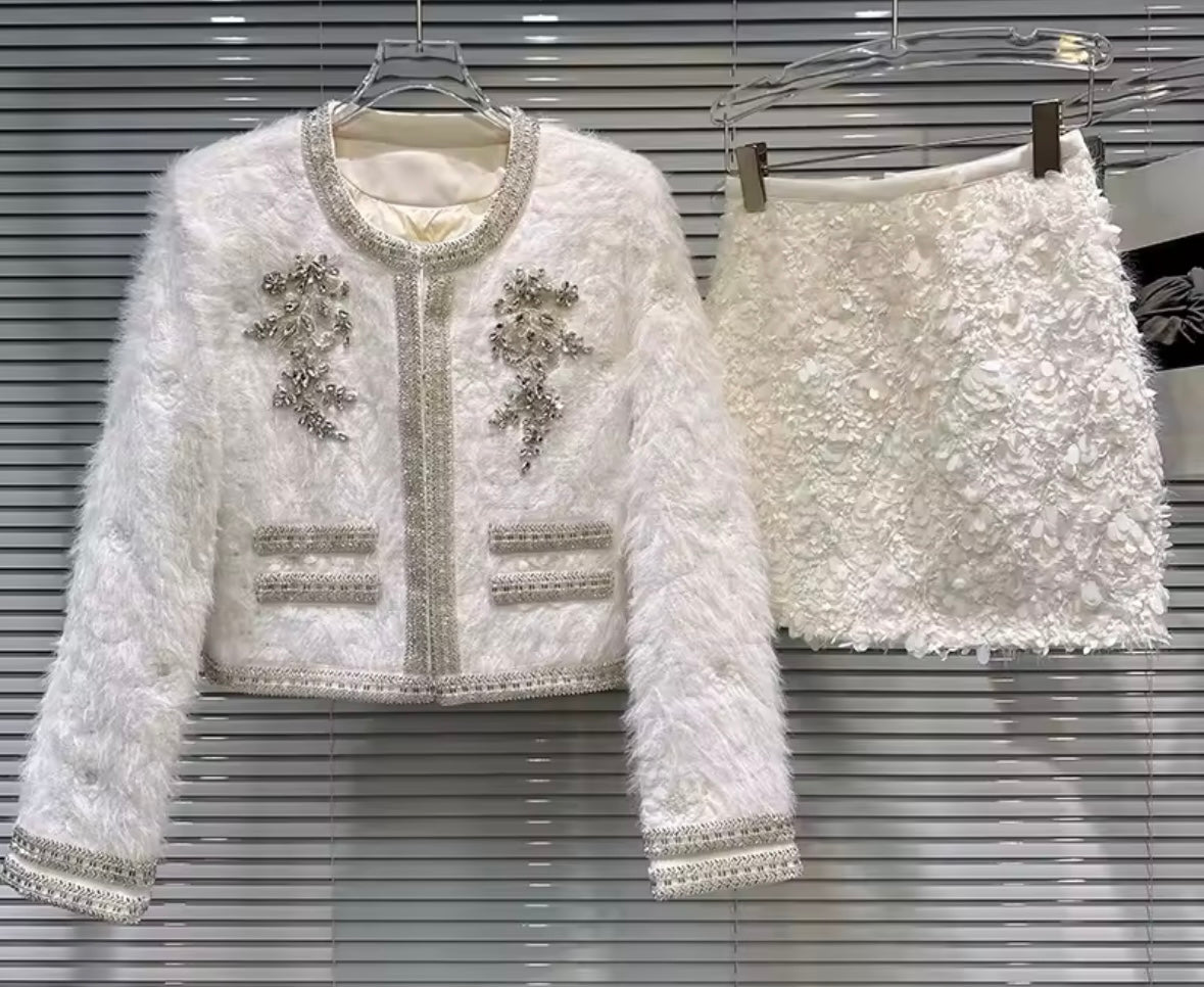 Women White Rhinestone Sequins Quilted Blazer Two Piece Skirt Set