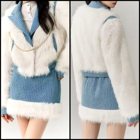 Women Fashion Faux Fur Color Patchwork Two Piece Skirt Set