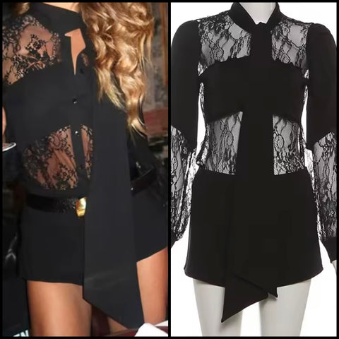 Women Black Lace Patchwork Full Sleeve Belted Fashion Romper