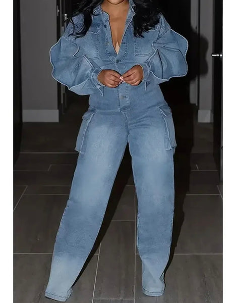 Women Fashion Button Up Ruffled Full Sleeve Denim Jumpsuit