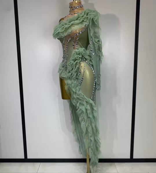 Women Green Ruffle Rhinestone One Shoulder Asymmetrical Dress