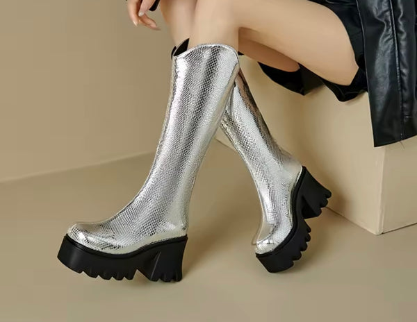 Women Fashion Metallic Zip Up Platform Knee High Boots