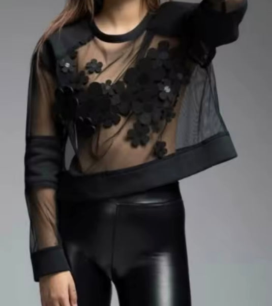 Women Black Floral Mesh Full Sleeve Crop Top
