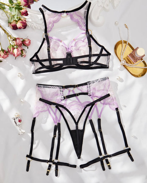 Women Purple Color Patchwork Lace Sexy Lingerie Set