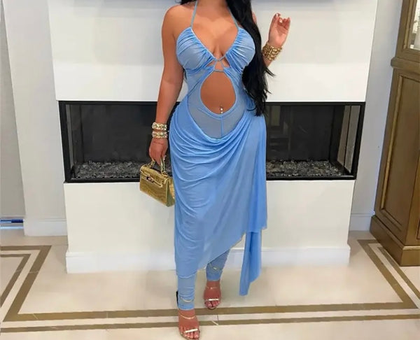 Women Sexy Sleeveless Mesh Asymmetrical Cut Out Jumpsuit