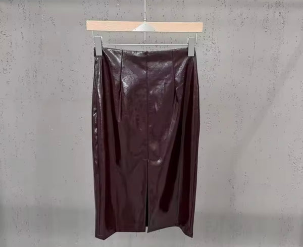 Women Fashion Faux Leather Jacket Two Piece Skirt Set
