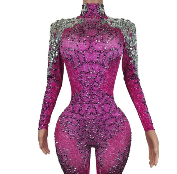 Women Fashion Turtleneck Full Sleeve Beaded Bling Pink Jumpsuit