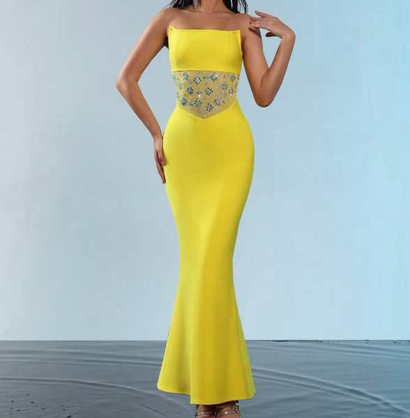 Women Sexy Strapless Rhinestone Mesh Patchwork Maxi Dress