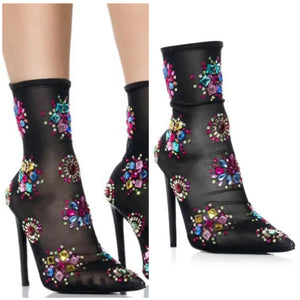 Women Fashion Multicolored Crystal Mesh High Heel Ankle Boots