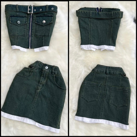 Women Green Buckled Strapless Two Piece Denim Skirt Set