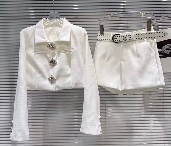 Women White Quilted Bling Button Up Blazer Two Piece Short Set