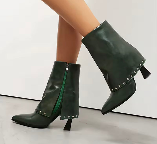 Women Pointed Toe Rivet High Heel Fashion Ankle Boots