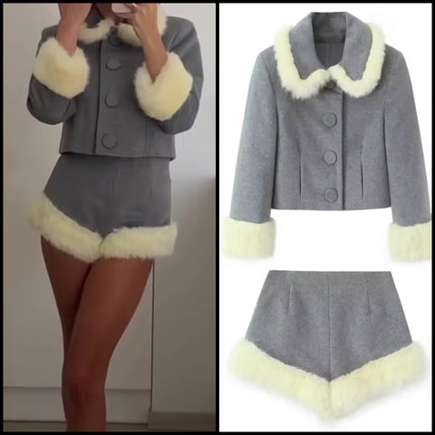 Women Fur Patchwork Button Up Full Sleeve Two Piece Short Set