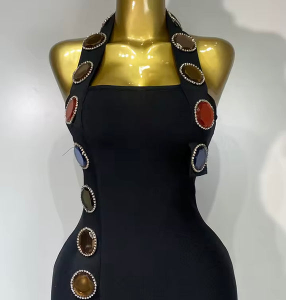 Women Black Halter Sleeveless Color Crystal Sexy Maxi Dress