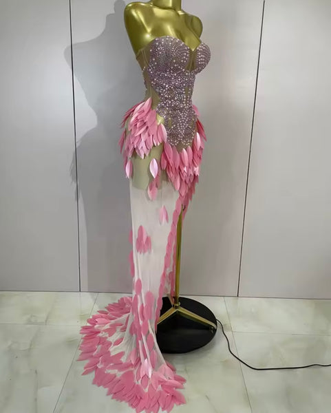 Women Sexy Strapless Beaded Sequins Side Split Maxi Dress