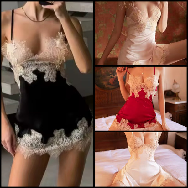 Women Sexy Sleeveless Lace Patchwork Satin Nightgown Lingerie