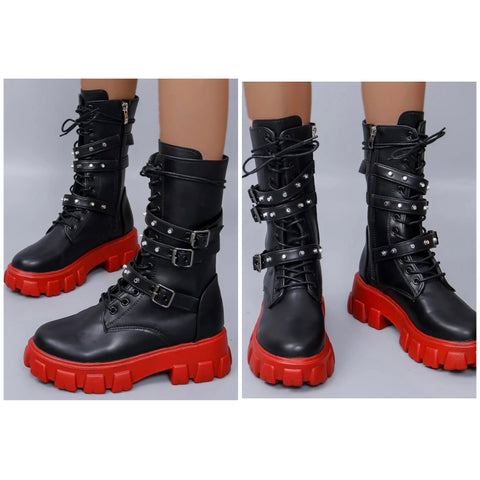 Women Color Patchwork Buckled Fashion Ankle Boots