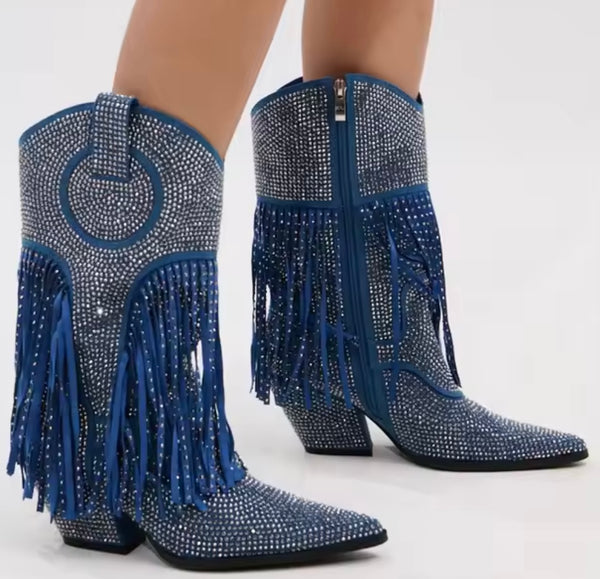 Women Fashion Blue Bling Rhinestone Tassel Ankle Western Boots