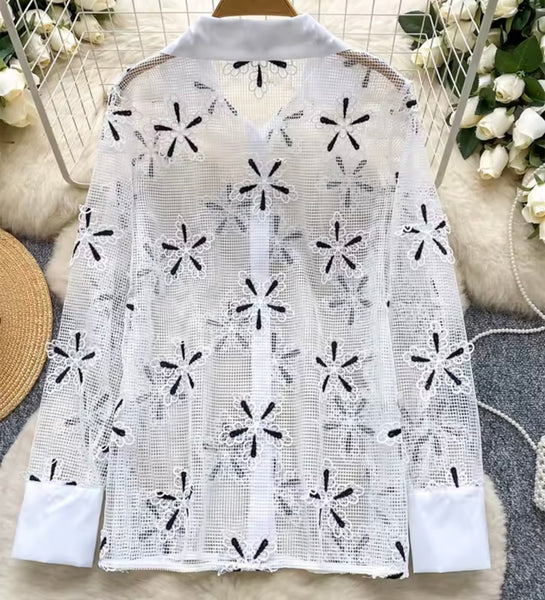 Women Fashion Floral See Through Button Up Full Sleeve Top