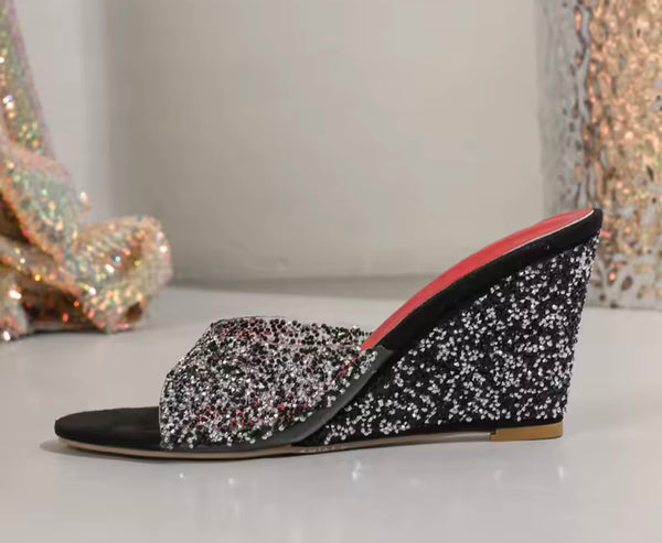 Women Fashion Sparkly PVC Transparent Wedge Slide On Sandals