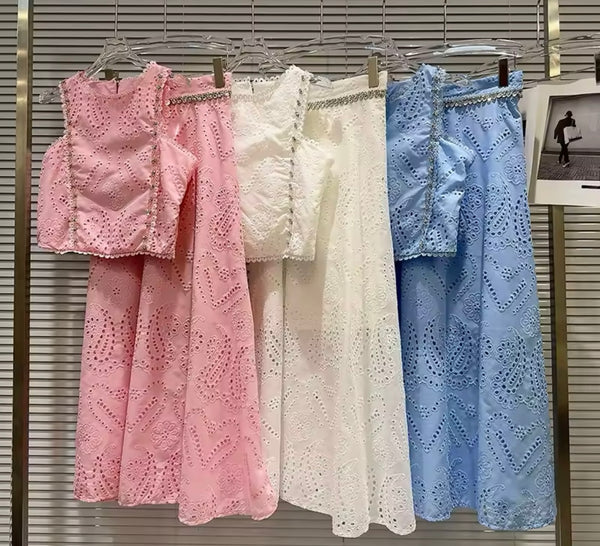 Women Rhinestone Sleeveless Lace Two Piece Maxi Skirt Set