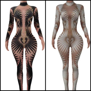 Women Sexy Printed Bling Rhinestone Full Sleeve Fashion Jumpsuit