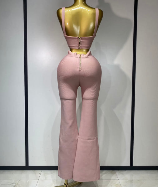 Women Color Sleeveless Sexy Crop Two Piece Pant Set