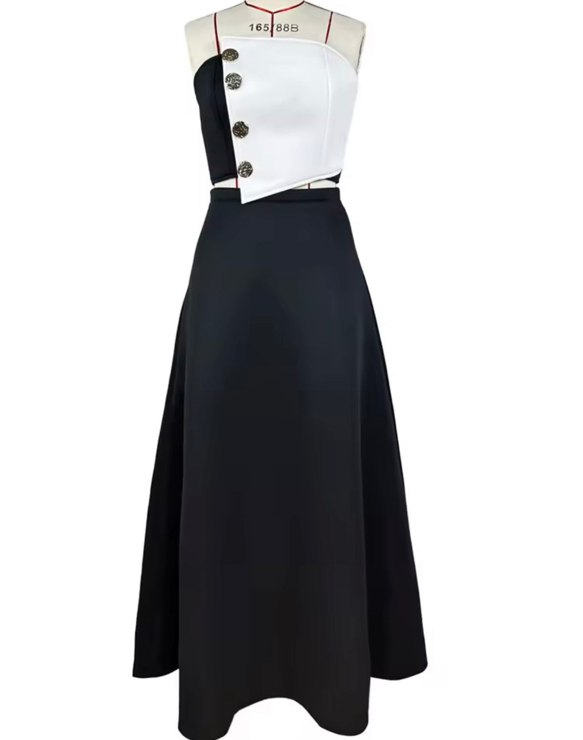 Women Sexy Button Up Strapless Color Patchwork Two Piece Maxi Skirt Set