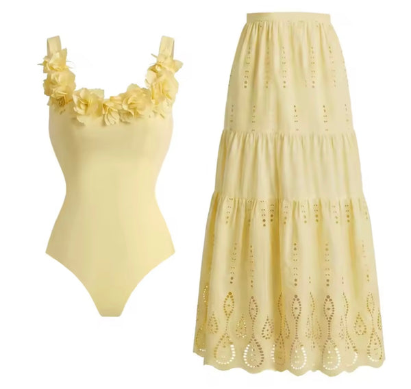 Women Yellow Floral Swimsuit Cover Up Set