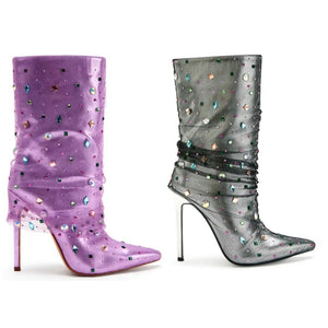 Women Fashion Faux Leather Mesh Colorful Rhinestone Ankle Boots