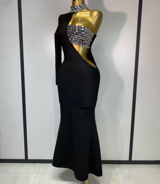 Women Black Sexy Rhinestone One Shoulder Full Sleeve Maxi Dress