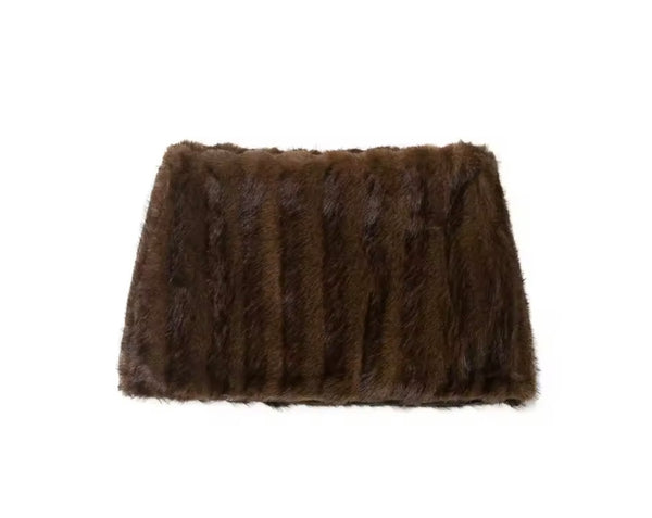 Women Sexy Fashion Brown Faux Fur Jacket Two Piece Skirt Set