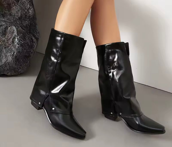 Women Pointed Toe Faux Leather Fashion Ankle Western Boots