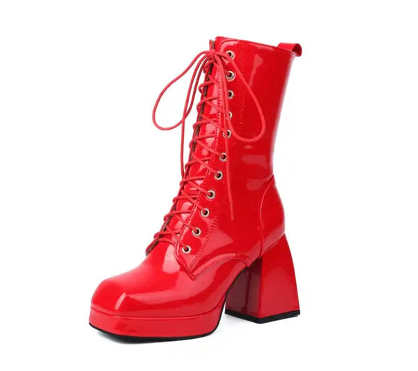 Women Fashion Lace Up Patent Leather Ankle Boots