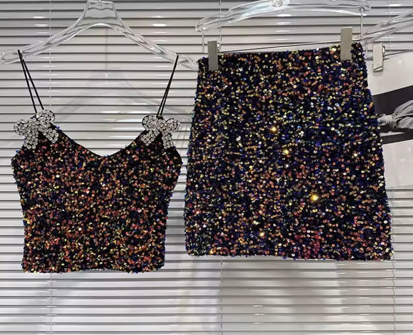 Women Rhinestone Bow Sexy Sleeveless Multicolored Sequins Two Piece Skirt Set