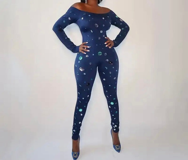 Women Sexy Printed Off The Shoulder Full Sleeve Jumpsuit