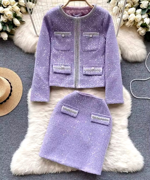 Women Purple Sequins Bling Tweed Two Piece Skirt Set