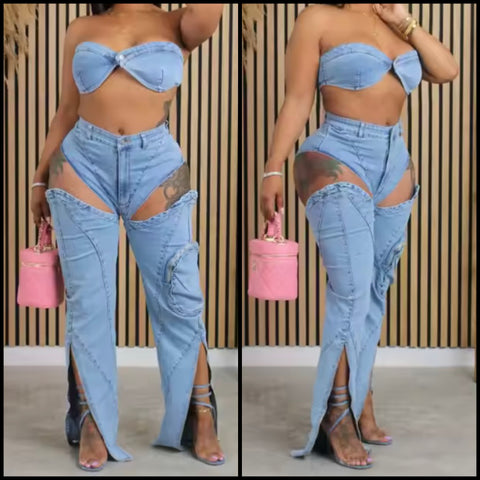 Women Sexy Strapless Denim Two Piece Cut Out Pant Set