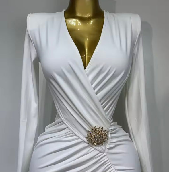 Women White Cut Out Ruched Full Sleeve Bling Pin Maxi Dress