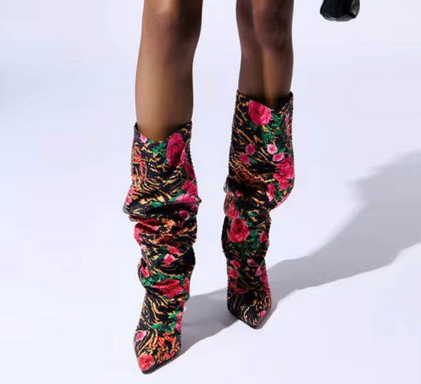 Women Fashion Multicolored Floral Ruched High Heel Boots