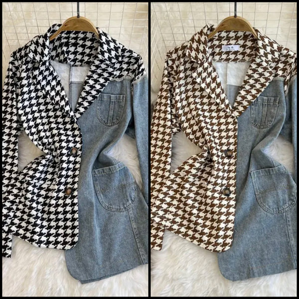 Women Fashion Houndstooth Denim Patchwork Blazer Top