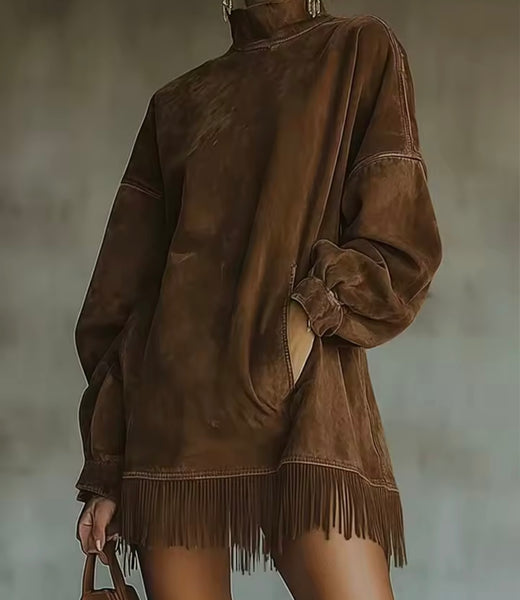 Women Fashion Suede Full Sleeve Fringe Tassel Dress