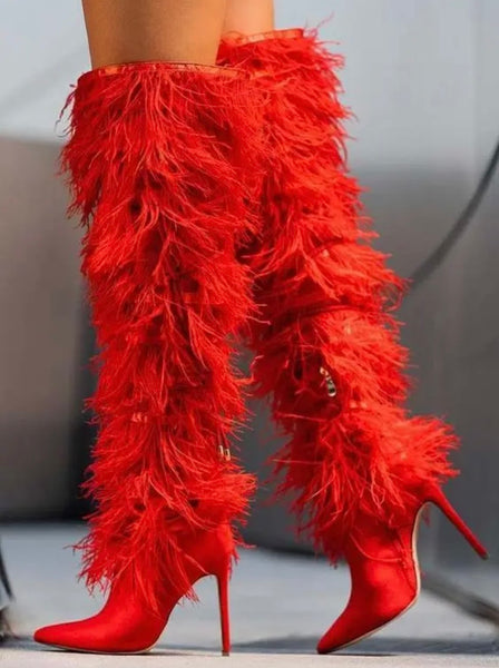 Women Color Fashion Faux Fur Knee High Boots