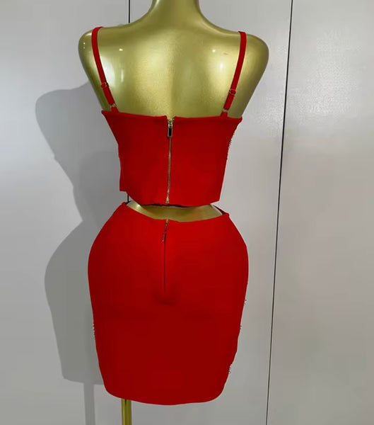Women Sleeveless Rhinestone Patchwork Two Piece Skirt Set