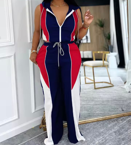 Women Sleeveless Hooded Color Patchwork Two Piece Tracksuit Pant Set